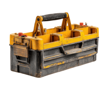 giallo plastica cassetta degli attrezzi con nero maneggiare, aspro e intemperie, isolato su trasparenza sfondo, costruzione attrezzatura, Conservazione contenitore, pratico e durevole per posto di lavoro uso png