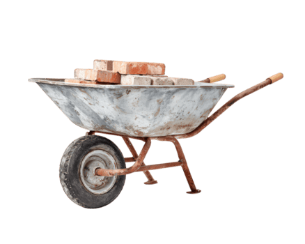 Old metal wheelbarrow loaded with red and gray bricks, isolated on transparency background, construction tool, rustic, worn, practical for building work png