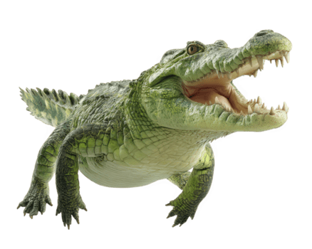 Crocodile with open mouth isolated on transparency background, showing sharp teeth and textured green scales, wild animal, reptile, aggressive expression png