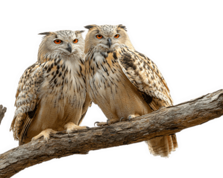 par de majestuoso búhos encaramado cercanamente en árbol rama, mostrando sorprendentes marrón y crema plumas, intenso naranja ojos, y calma, cariñoso expresión aislado en transparencia antecedentes png