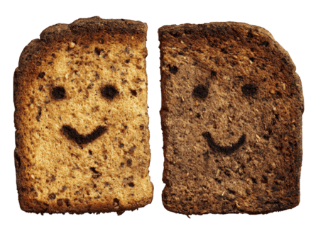 Two slices of toasted bread with smiling faces painted on them, isolated on transparency background, evoke cheerful and playful mood, perfect for breakfast or snack concepts png