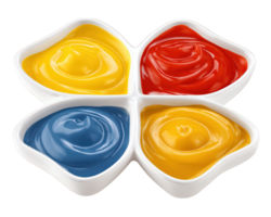 vistoso salsas en cuatro sección blanco cerámico lámina, presentando amarillo, rojo, y azul remolinos, arreglado en moderno resumen comida Arte estilo, evocando creatividad y alegría png