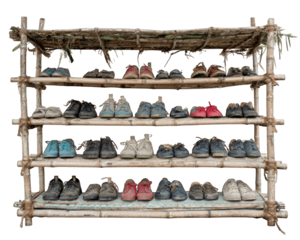 bambù scarpa cremagliera con multiplo livelli Tenere vario vecchio scarpe, rustico e naturale stile, isolato su trasparenza sfondo, organizzato Conservazione soluzione, terroso e pratico png