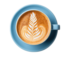 latté café taza azul cerámico espuma Arte hoja diseño bebida caliente bebida Mañana desayuno cafeína cremoso modelo barista café vasos elegante elegante delicioso refresco marrón blanco remolino png