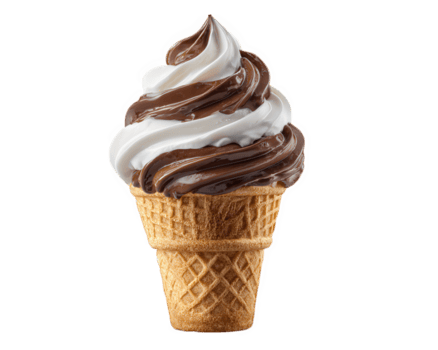 Chocolate and vanilla soft serve ice cream cone with waffle cone, creamy texture, swirled pattern, isolated on transparency background, delicious and sweet dessert treat png