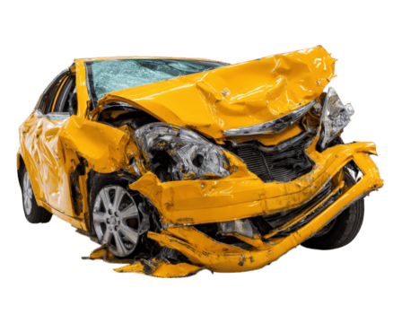 Crashed yellow car damaged front side isolated on