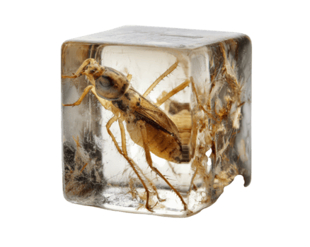 insetto fossile ghiaccio cubo conservato antico trasparente entomologia campione isolato. conservato insetto fossile racchiuso trasparente ghiaccio cubo in mostra antico entomologia campione isolato trasparenza png