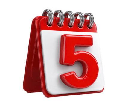 Red calendar icon spiral bound with large bold number five isolated on transparency background modern design 3D illustration clean and simple suitable for date or schedule concepts png