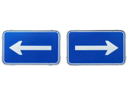 Two blue rectangular road signs with white arrows, one pointing left and one pointing right, isolated on transparency background, symbolizing direction and choice png
