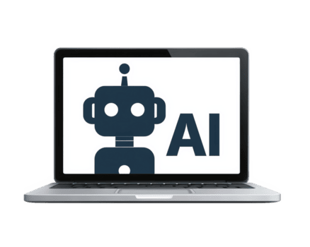 ordenador portátil robot artificial inteligencia digital tecnología pantalla moderno innovación monitor dispositivo. ordenador portátil computadora muestra digital robot icono y ai texto pantalla representando moderno artificial png