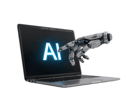 Artificial intelligence concept with robotic hand reaching from laptop screen displaying glowing AI text, symbolizing futuristic technology and innovation png