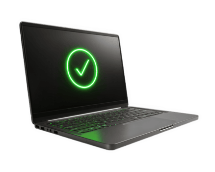 Laptop with green digital verify symbol on screen modern technology secure access glowing checkmark isolated on transparency background futuristic positive approval low resolution png