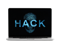 cortar, crânio, azul digital texto, e cyber ameaça exibido em computador portátil tela, simbolizando hackear, cíber segurança risco, e digital crime dentro moderno tecnologia meio Ambiente png