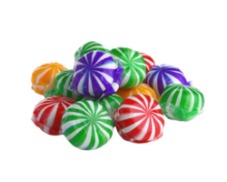 vistoso a rayas caramelo dulce tratar menta difícil caramelo verde rojo púrpura naranja amarillo aislado en blanco alegre festivo grupo de cerca brillante envoltura azúcar confección png