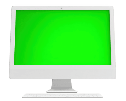 branco computador monitor com verde tela, moderno Área de Trabalho mostrar, isolado em transparência fundo, tecnologia conceito, em branco tela para projeto, digital área de trabalho, limpar \ limpo e mínimo estilo png