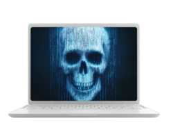 azul digital crânio símbolo em branco computador portátil tela, representando cyber ameaça, hackear, ou computador vírus, com transparência fundo e falha efeito, evocando sentido do Perigo png