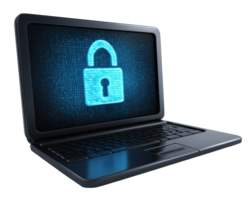 computador portátil exibindo azul digital trava símbolo cíber segurança conceito dados proteção criptografia seguro Acesso tecnologia privacidade brilhando tela moderno dispositivo png