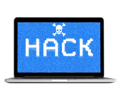 computador portátil exibindo azul digital hackear texto com crânio símbolo, binário código fundo, simbolizando cyber ataque, hackear, dados violação, e conectados segurança ameaça png