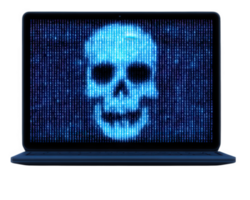 azul digital crânio símbolo em computador portátil tela, representando cyber ameaça, hackear, malware, e dados violação, com transparência fundo e baixo resolução, criando sentido do Perigo png