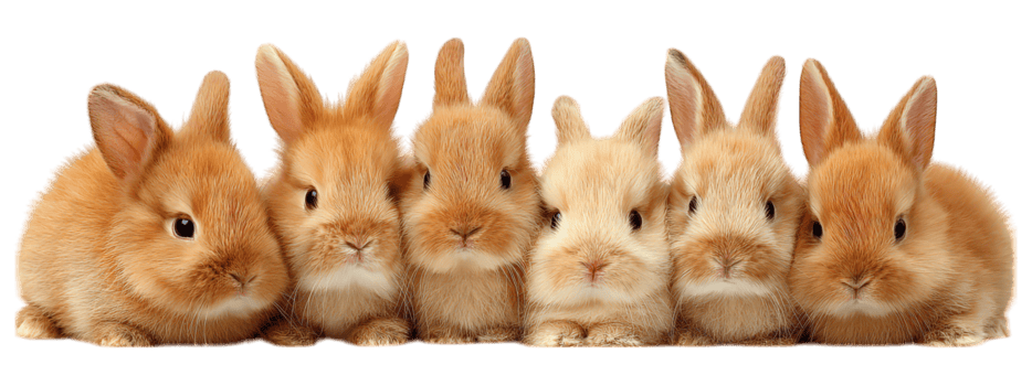 sei piccolo Marrone e beige bambino coniglio seduta nel riga guardare inoltrare con morbido pelliccia e curioso espressione isolato su trasparenza sfondo png