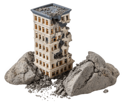 danneggiato Multi storia edificio con rotto finestre e fatiscente muri circondato di grande macerie mucchi, mostrando segni di crollo e distruzione nel isolato ambientazione png