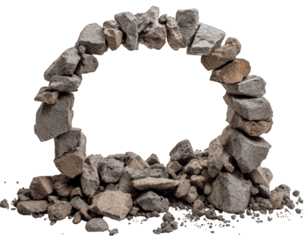 sbriciolato pietra arcata con sparpagliato rocce e macerie isolato su trasparenza sfondo, mostrando ruvido struttura e naturale colori nel circolare formazione png