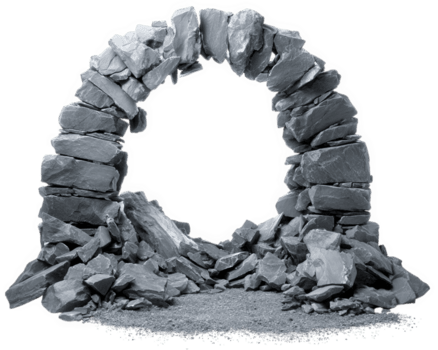 rotto pietra arco con sparpagliato macerie su terra, isolato su trasparenza sfondo, mostrando Esposto alle intemperie struttura e ruvido superficie di grigio rocce nel circolare formazione png