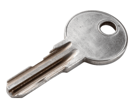 Silver key with round head and hole for keyring, isolated on transparency background. metal surface shows slight wear and texture, symbolizing security and access png