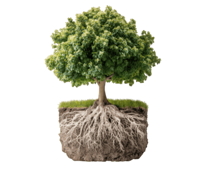 Tree with green leaves and extensive root system in soil, isolated on transparency background, showing natural growth and underground structure with healthy roots and grass on top png