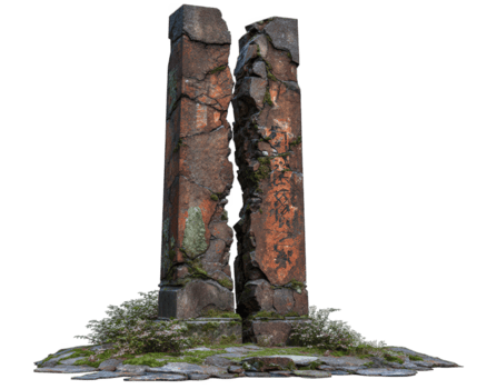 Weathered split stone monument with moss and plants growing around its base, showing cracks and erosion on its surface, isolated on transparency background with natural, aged appearance png