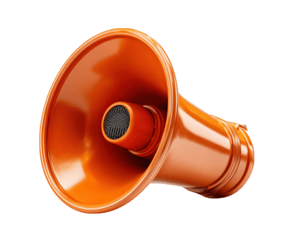 arancia megafono isolato su trasparenza sfondo con brillante superficie e dettagliato altoparlante maglia, Usato per amplificando suono nel eventi o annunci png