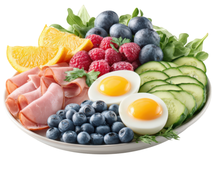fresco frutta e verdura piatto con vivace arance, lamponi, mirtilli, e cetrioli, integrato di fette di prosciutto e bollito uova, la creazione di colorato e salutare prima colazione opzione png