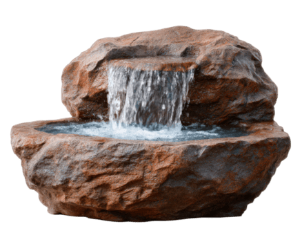 Natural rock fountain with waterfall effect, featuring serene water flow and textured stone surface, perfect for enhancing outdoor spaces and creating calming atmosphere png
