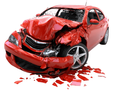 Damaged red car with crumpled front end and shattered glass