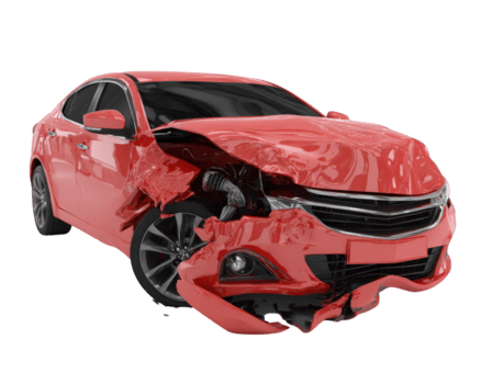 Damaged red car with crumpled front end, showcasing impact of collision. vehicle appears isolated against transparency background, emphasizing extent of damage and need for repair png
