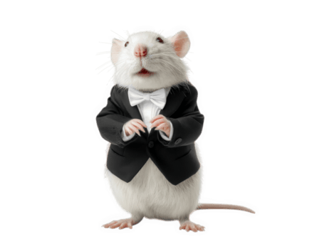 Charming rat dressed in tiny tuxedo stands upright, exuding playful and sophisticated vibe. This delightful creature captures attention with its formal attire, making it whimsical sight png