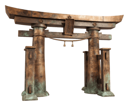 Traditional Japanese torii gate entrance, showcasing weathered wood and intricate details, symbolizes spiritual transition. Its rustic charm evokes sense of history and cultural significance png