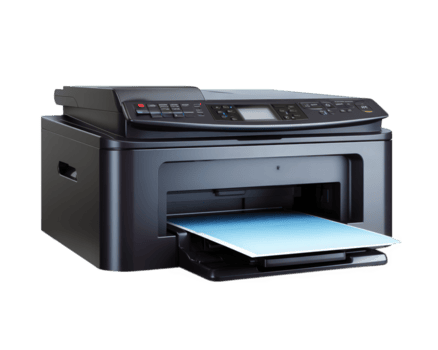 strak zwart multifunctioneel printer met Open papier dienblad, ontworpen voor doeltreffend afdrukken, scannen, en kopiëren taken. deze apparaat is perfect voor huis of kantoor gebruiken, presentatie van modern technologie png