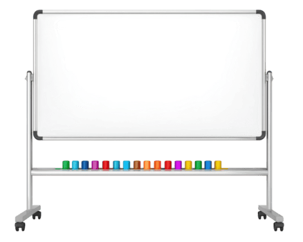 Large whiteboard with sleek silver frame and colorful markers arranged neatly at bottom, perfect for brainstorming and presentations. This setup invites creativity and collaboration png