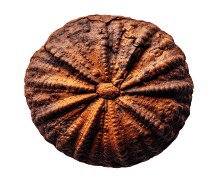 Ancient fossilized sea urchin with intricate details, showcasing textured surface and unique patterns. This captivating specimen highlights beauty of natural history and geological processes png