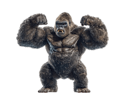 kraftfull gorilla med överdriven muskler står självsäkert, visa upp dess styrka och dominans. varelse våldsam uttryck lägger till humoristisk Rör, framställning den dyka upp som om den lekfullt Framställ png