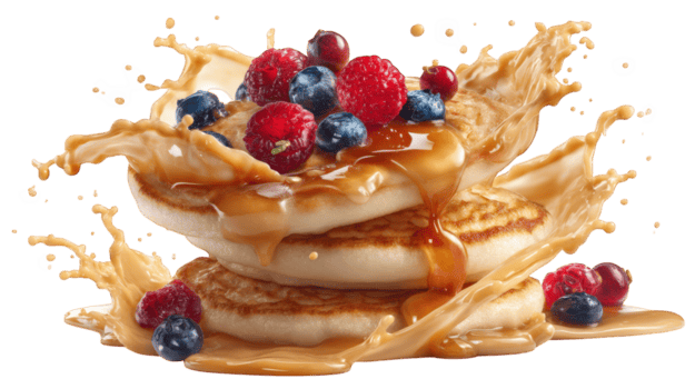 Fluffy pancakes stacked high, topped with fresh berries and drizzled with syrup, create delightful breakfast scene. syrup splashes around, adding fun and dynamic touch to this delicious treat png