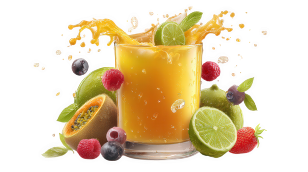 appena spremuto succo spruzzi a partire dal bicchiere circondato di vivace frutta piace lime, lampone, mirtillo, e papaia, la creazione di rinfrescante e vivace scena png
