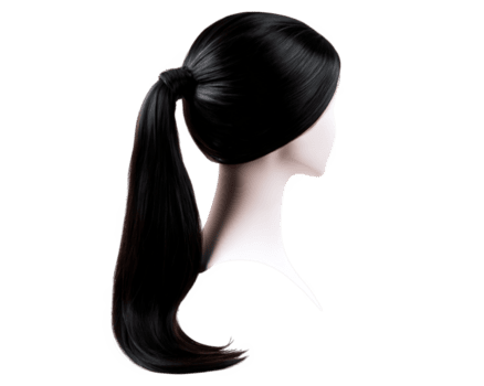Sleek shiny wig hair styled in low ponytail, showcasing smooth texture and elegant appearance, perfect for various occasions and fashion statements png