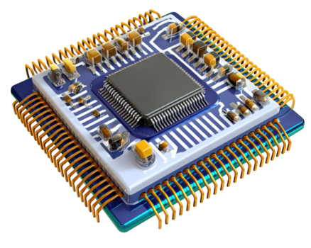 Alto tecnologia microprocessador lasca com intrincado circuitos e ouro alfinetes, exibindo avançado tecnologia e Projeto. isto componente é essencial para moderno eletrônico dispositivos e Informática sistemas png