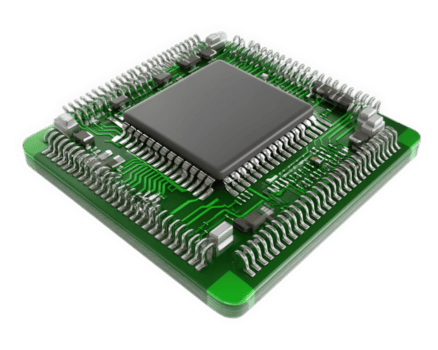 Alto tecnologia microchip com intrincado circuitos e verde substrato, exibindo avançado tecnologia e precisão Engenharia. isto captura essência do moderno eletrônicos e inovação png