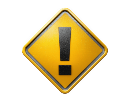 Caution sign with bold exclamation mark, featuring bright yellow background and three dimensional design, conveys strong warning message. This symbol is commonly used in various safety contexts png