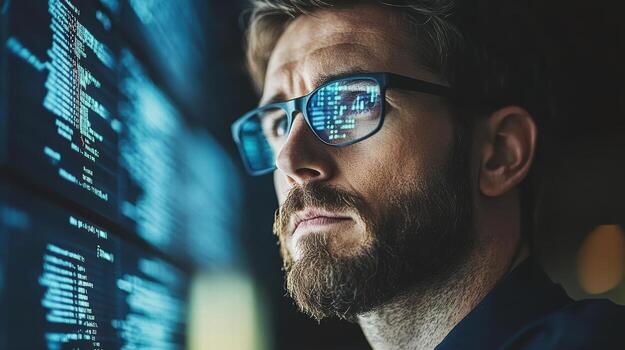 Man with glasses analyzing data trends on digital screen photo