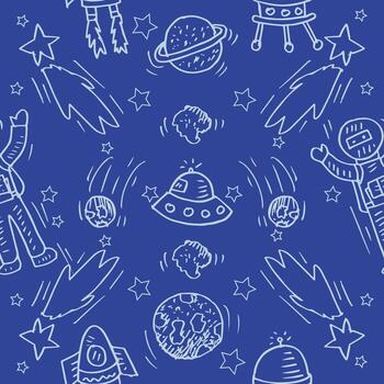 Seamless pattern with astronaut and planets in space. vector