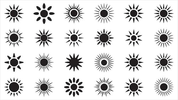 Stylish sun icon set in monochrome with bold center and assorted ray patterns vector